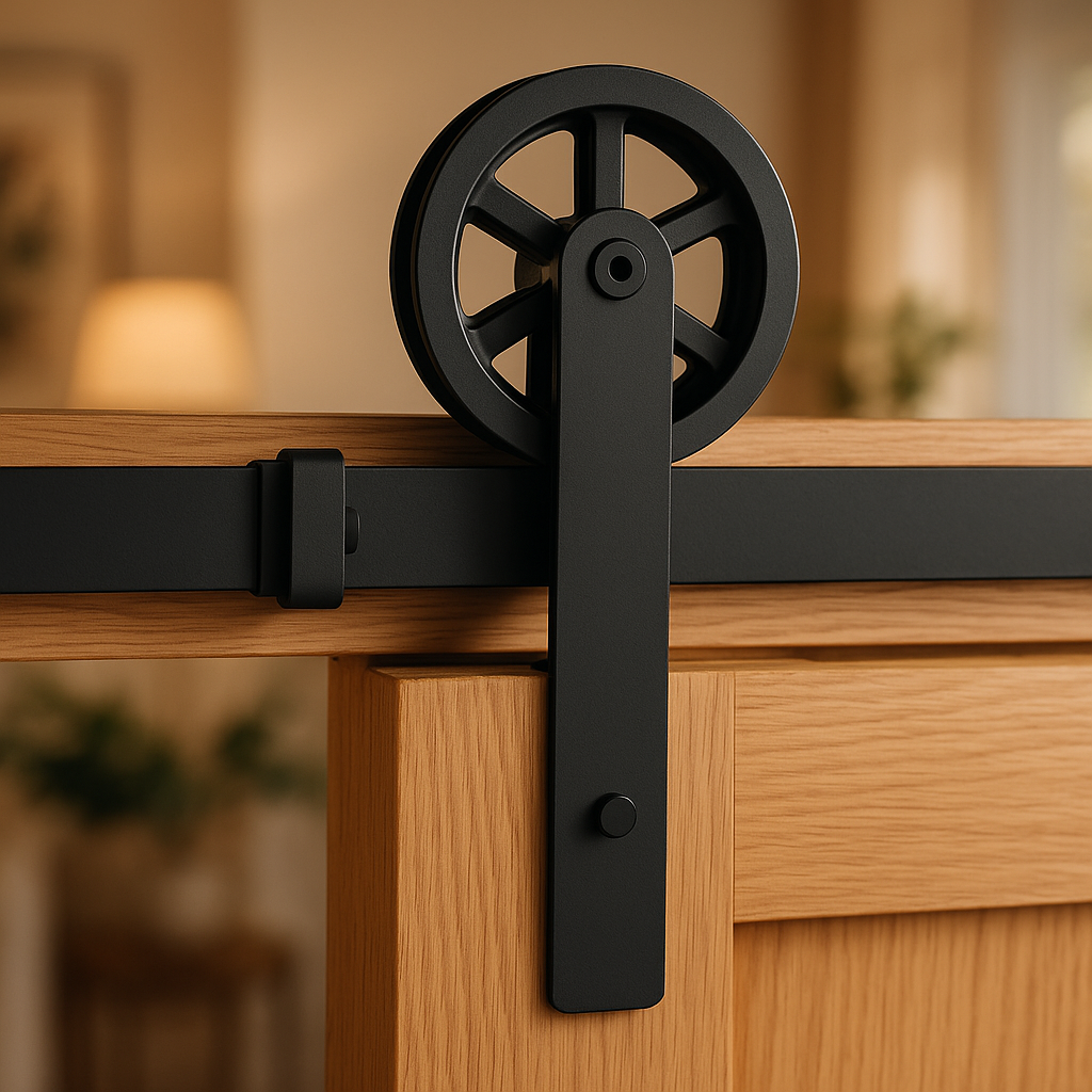 Matt Black Sliding Barn Door Track Bracket Pair for Cartwheel System - detail view