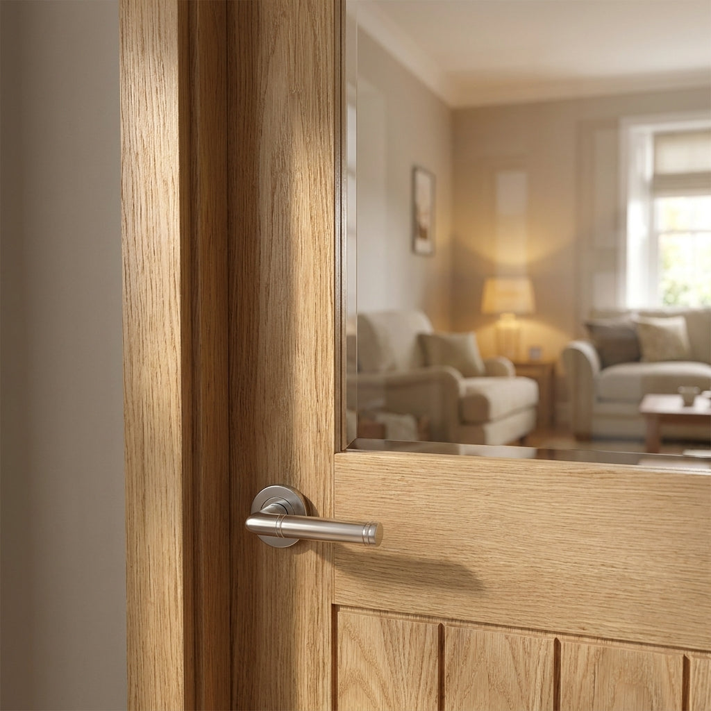 Internal Oak Door Unfinished with Half Light Clear Glass, Solid Core - detail view
