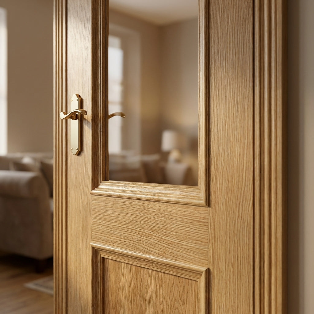 Internal Oak Door with Clear Glass, Fully Finished, Mayfair 2 Panel Design - detail view