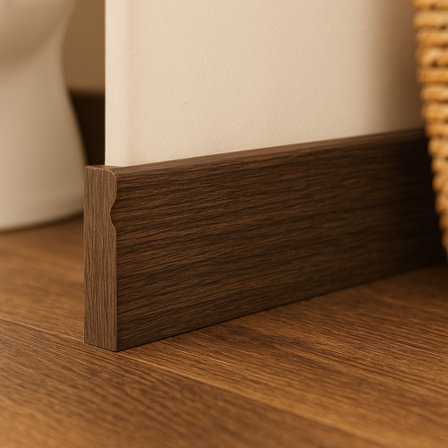 Walnut Laminate Skirting Board 2.4m, 15mm Thick, Brown Finish - detail view