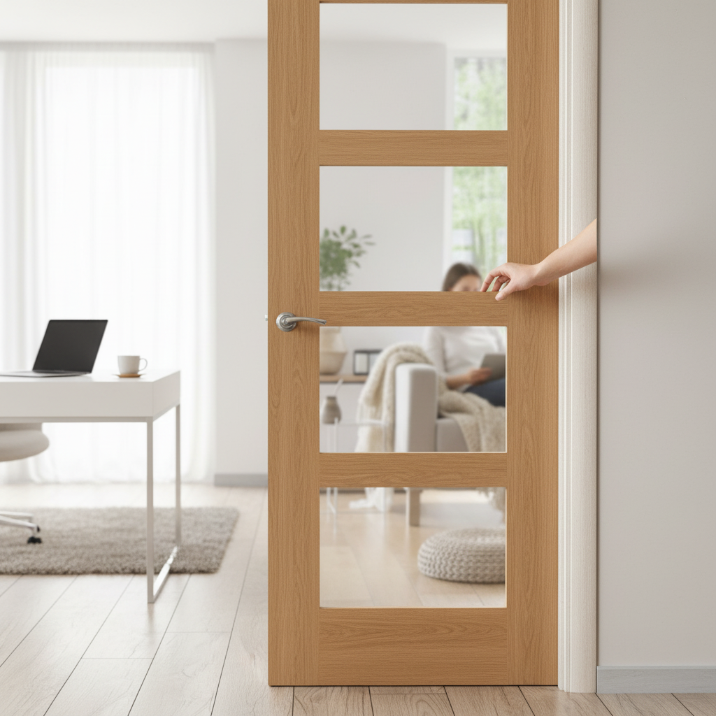 Premium Unfinished Internal Shaker Door with 4 Clear Glass Panes, Solid Engineered Core, Ideal for Modern Spaces