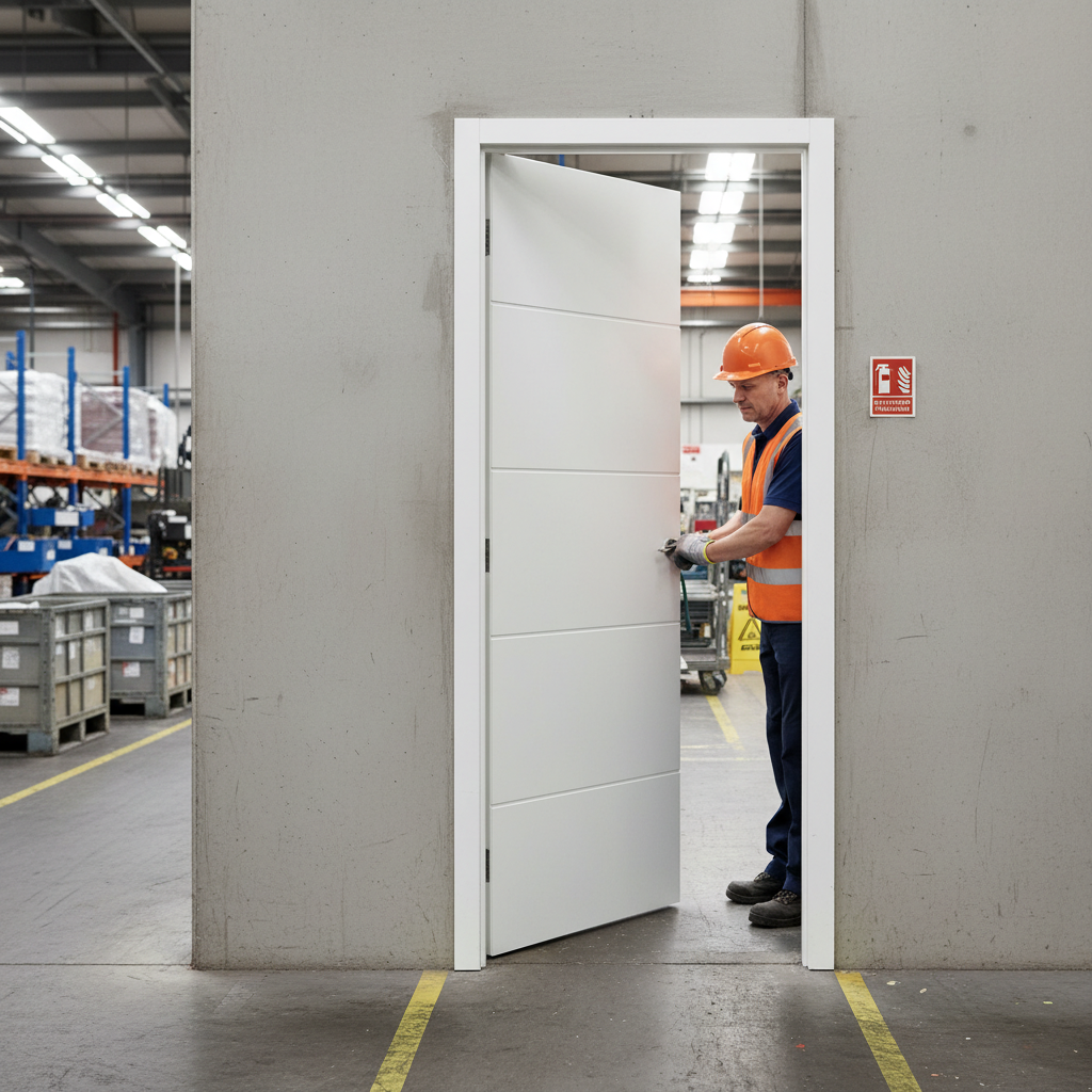 Premium Moulded Horizontal 4 Line Fire Door - White Primed, Contemporary Design with Solid Core for Enhanced Safety
