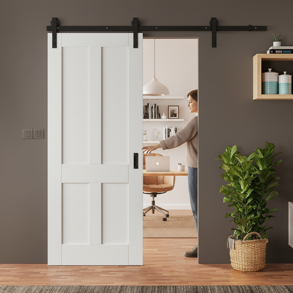 Premium White Primed Internal Victorian Shaker 4 Panel Sliding Door with Black Top Mounted Kit for Elegant Interiors