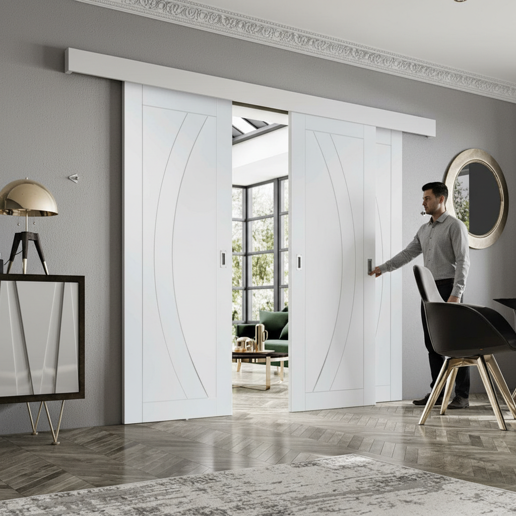 Premium Double Sliding Door System with White Pelmet for Internal Doors - Suitable for 35-50mm Thick Doors