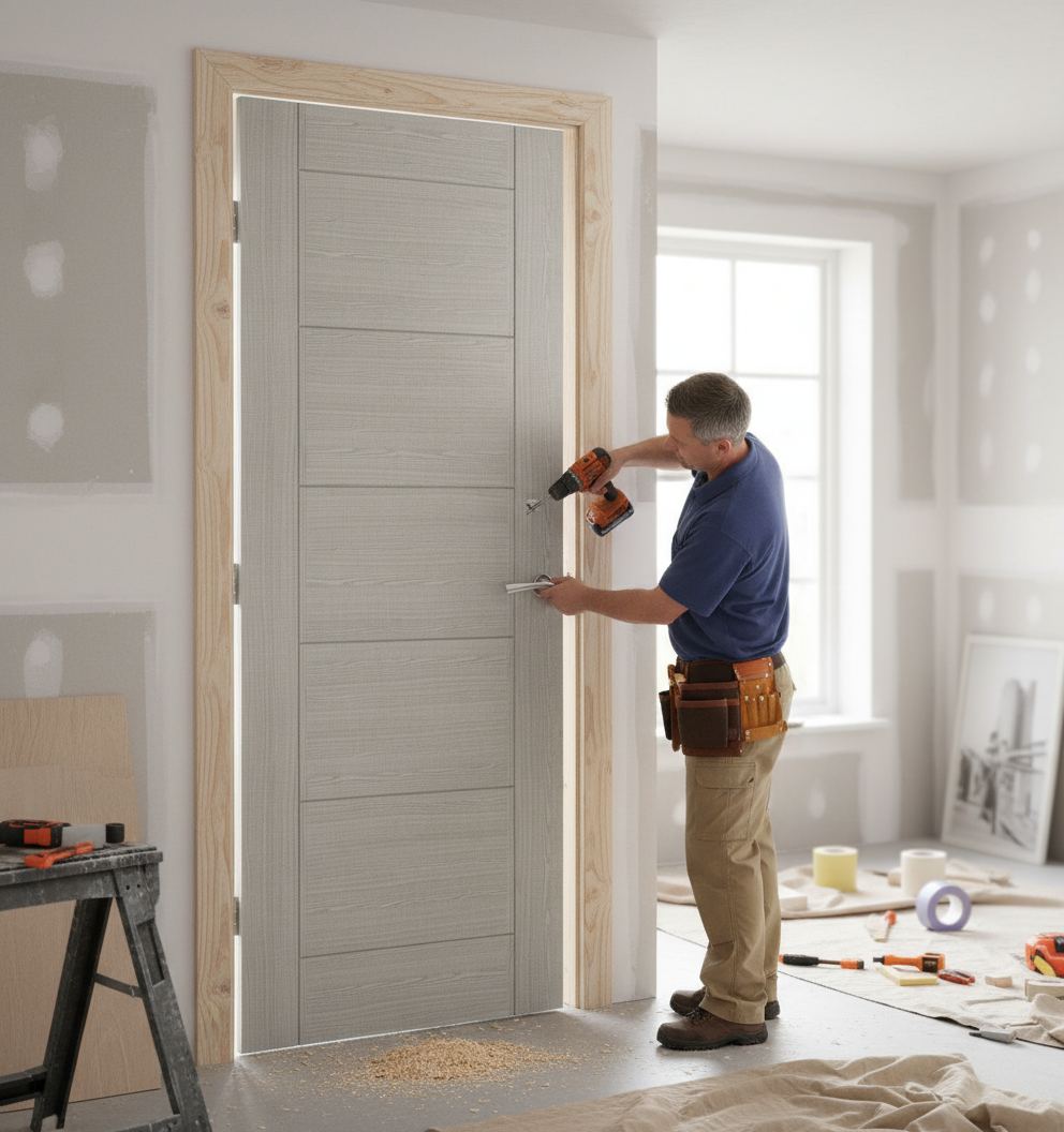 Premium Internal Fully Finished Light Ash Grey Door with Solid Core and FSC Certification in Multiple Sizes