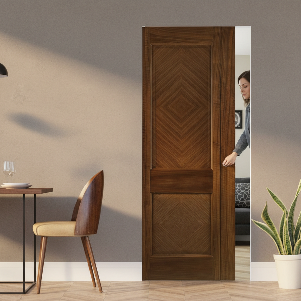 Premium Walnut Flush Pocket Door Set with No Bottom Track and 15-Year Guarantee - Space-Saving Design for Modern Homes