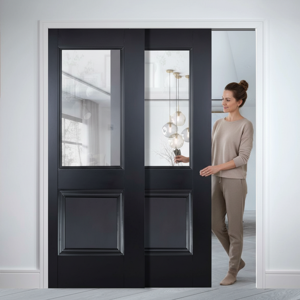 Premium Telescopic Pocket Door System with Glazed Panels and Professional Finish - Ideal for Luxury Spaces and Maximum Light