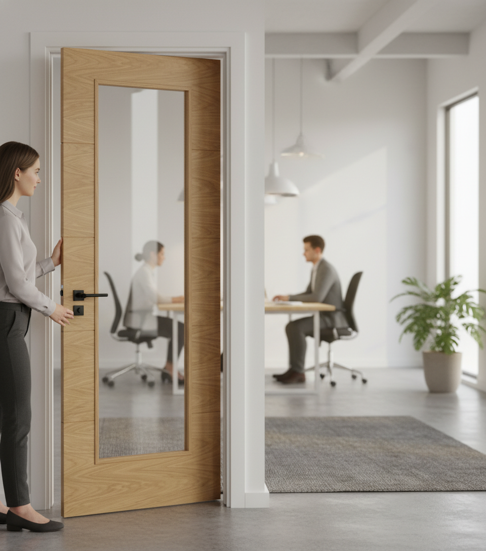 Premium Contemporary Oak 1 Light Internal Door with V Grooves and Cross Veneers - High-Quality Professional Grade for Industrial and Commercial App...