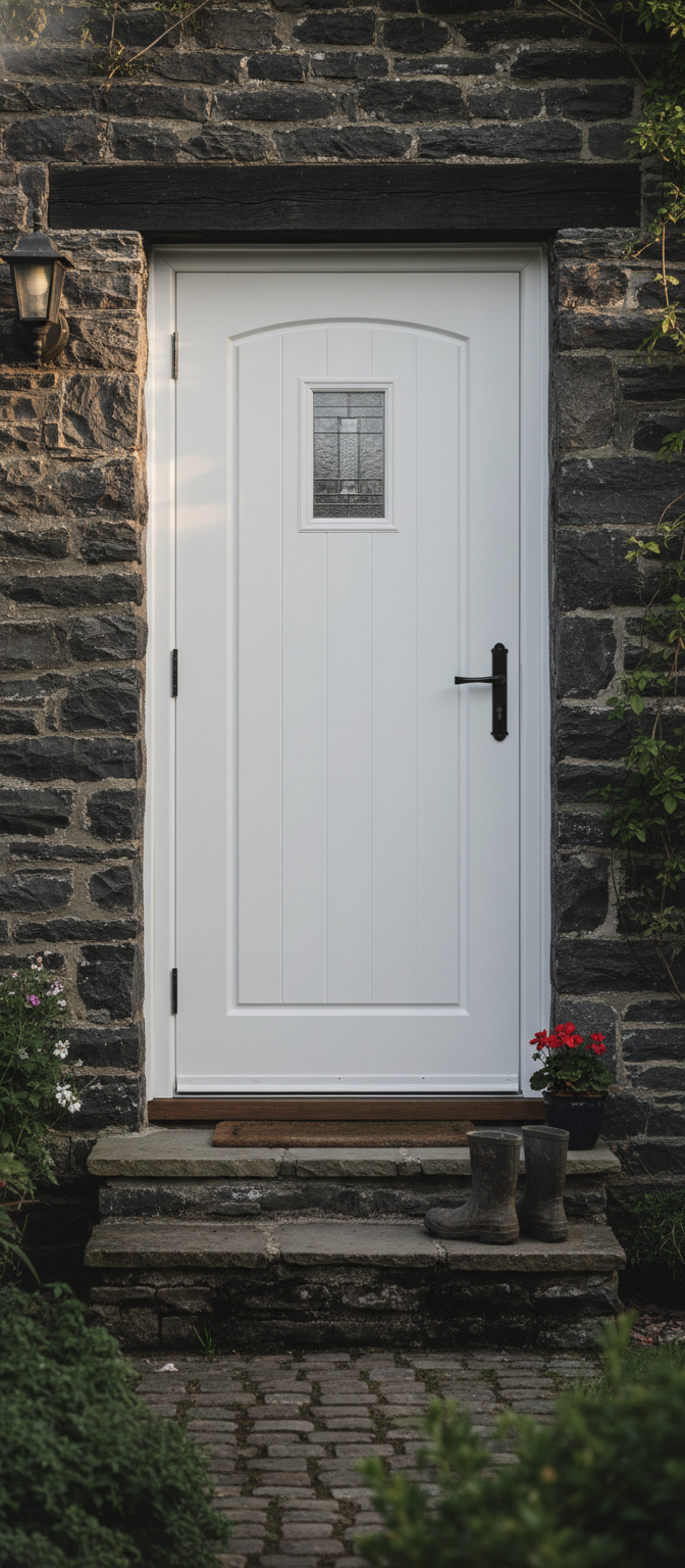 Premium White Cottage Composite External Door with Double Glazing and Decorative Glass Design for Enhanced Privacy