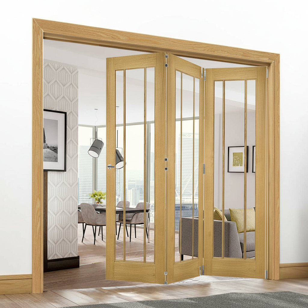 Premium Clear Glazed Room Divider with Bi-Folding Doors and Top Hung System for Flexible Space Management