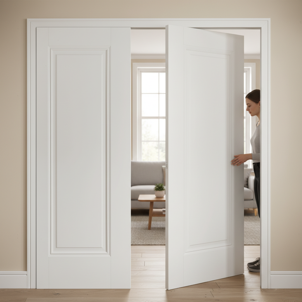 Premium Telescopic Pocket Door System with Decorative Beading, Maintenance-Free Track, and Adjustable Doorstop for Elegant Spaces