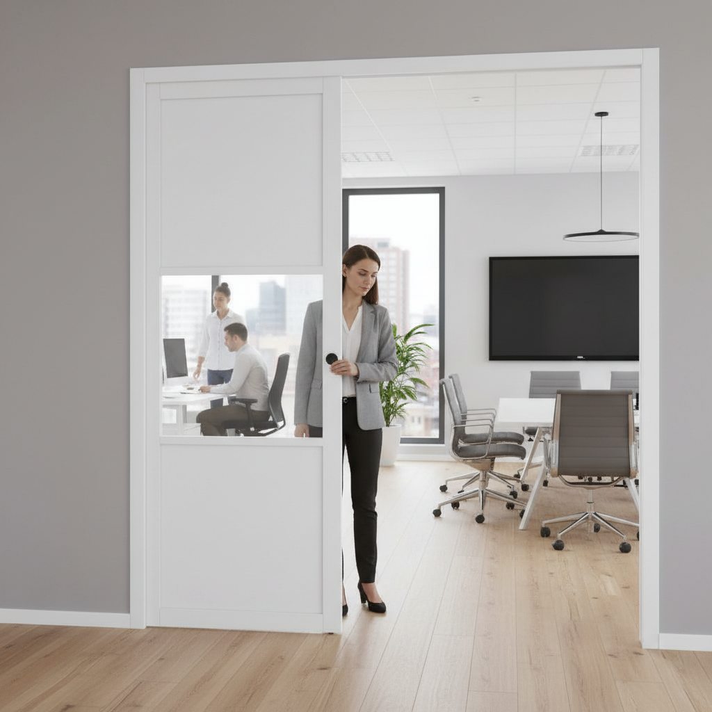 Premium 3 Panel White Double Flush Pocket Door Set with No Bottom Track for Modern Spaces