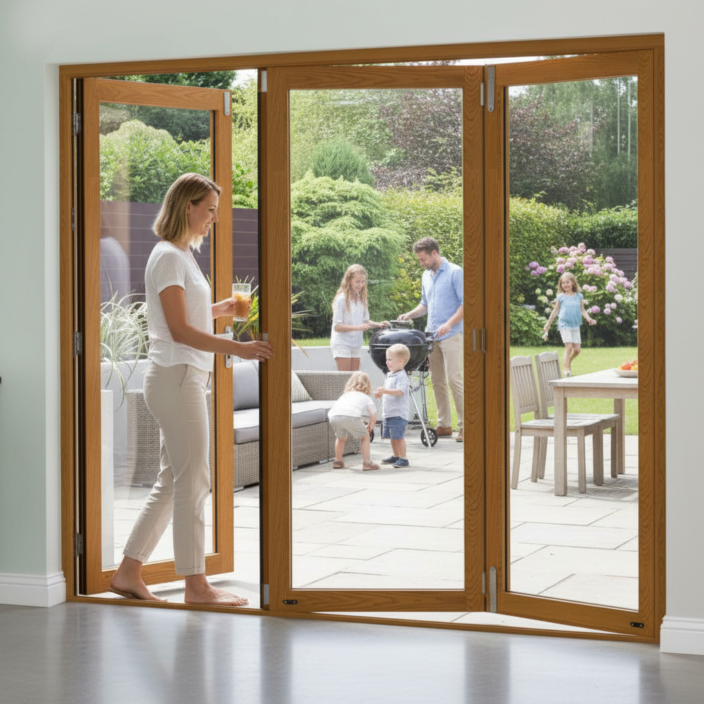 Premium 8FT Slimline Oak External Bifold Door Set with Low E Double Glazing, Reversible Fitting, and 15-Year Guarantee