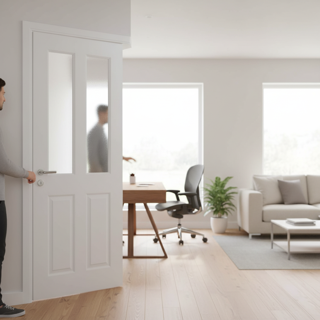 Premium Internal Moulded Flush Door with Etched Safety Glass - Smooth White Primed Finish and Standard Core Construction