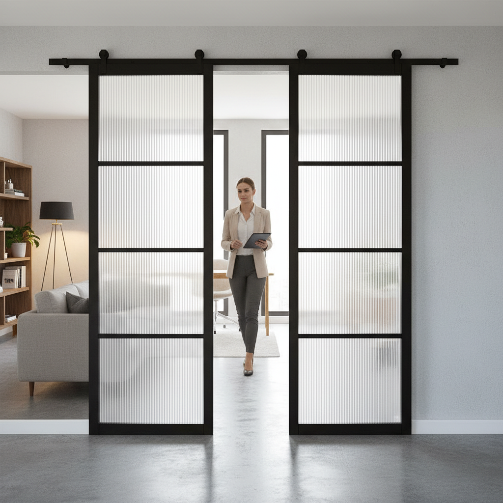 Premium Double Sliding Doors with Top Mount Track System - Black Reeded Glazed Design for Smooth Operation and Soft Close Option