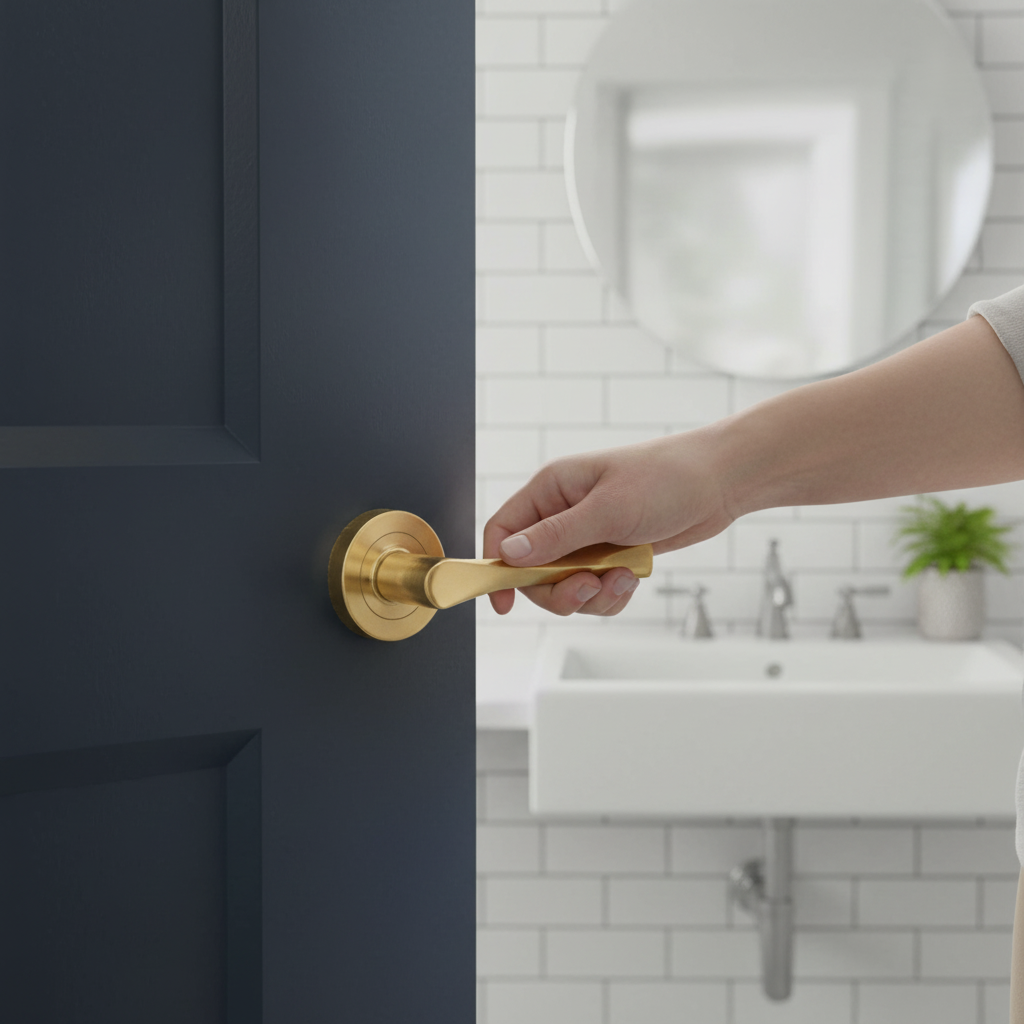Premium Round Rose Lever Door Bathroom Handle Set with Satin Brass Finish, Privacy Latch, and Ball Bearing Hinges