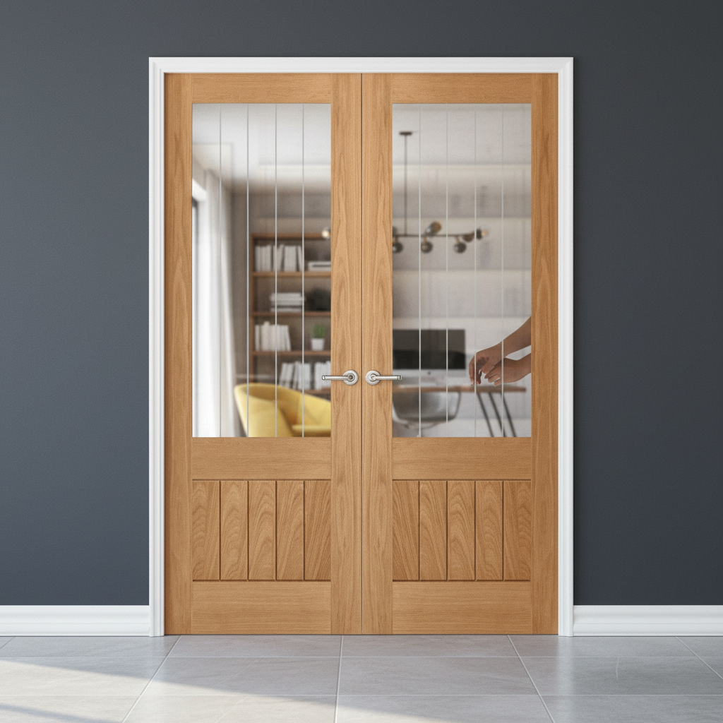 Premium Internal Oak Fully Finished 1 Panel 1 Light Obscure Lined Glazed Pair Door for Elegant Home Design