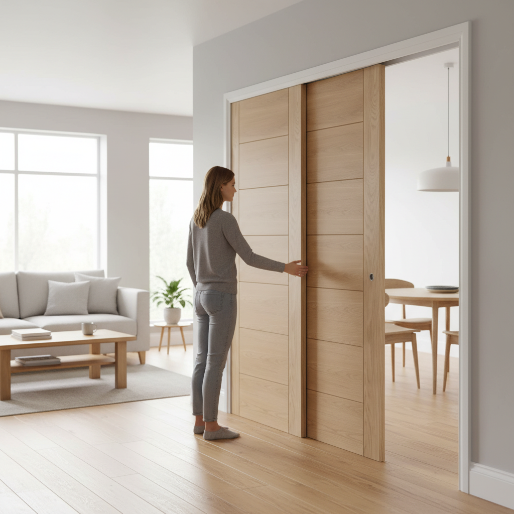 Premium Telescopic Pocket Door System with Semi-Solid Core and Maintenance-Free Track for Elegant Spaces
