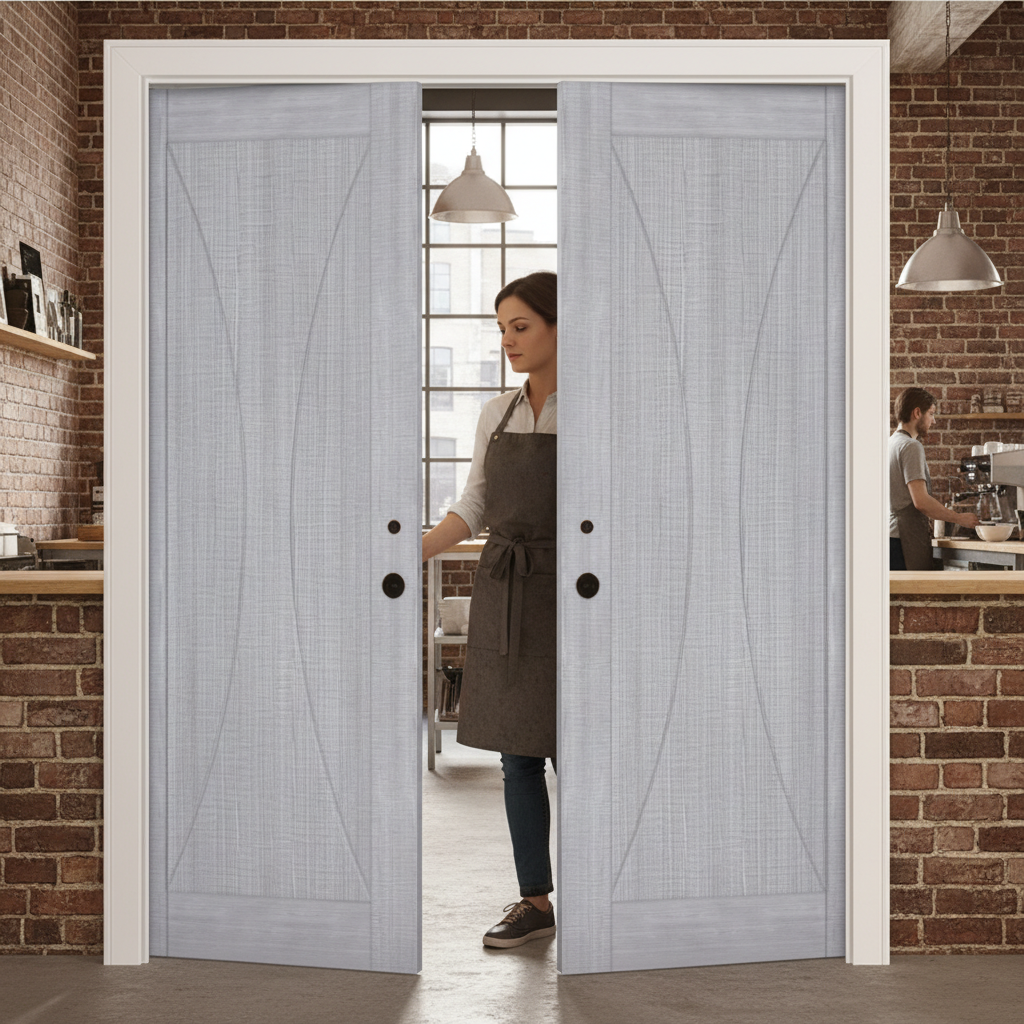 Premium Light Grey Double Pocket Door Set with Galvanised Steel Frame for Space-Saving Solutions