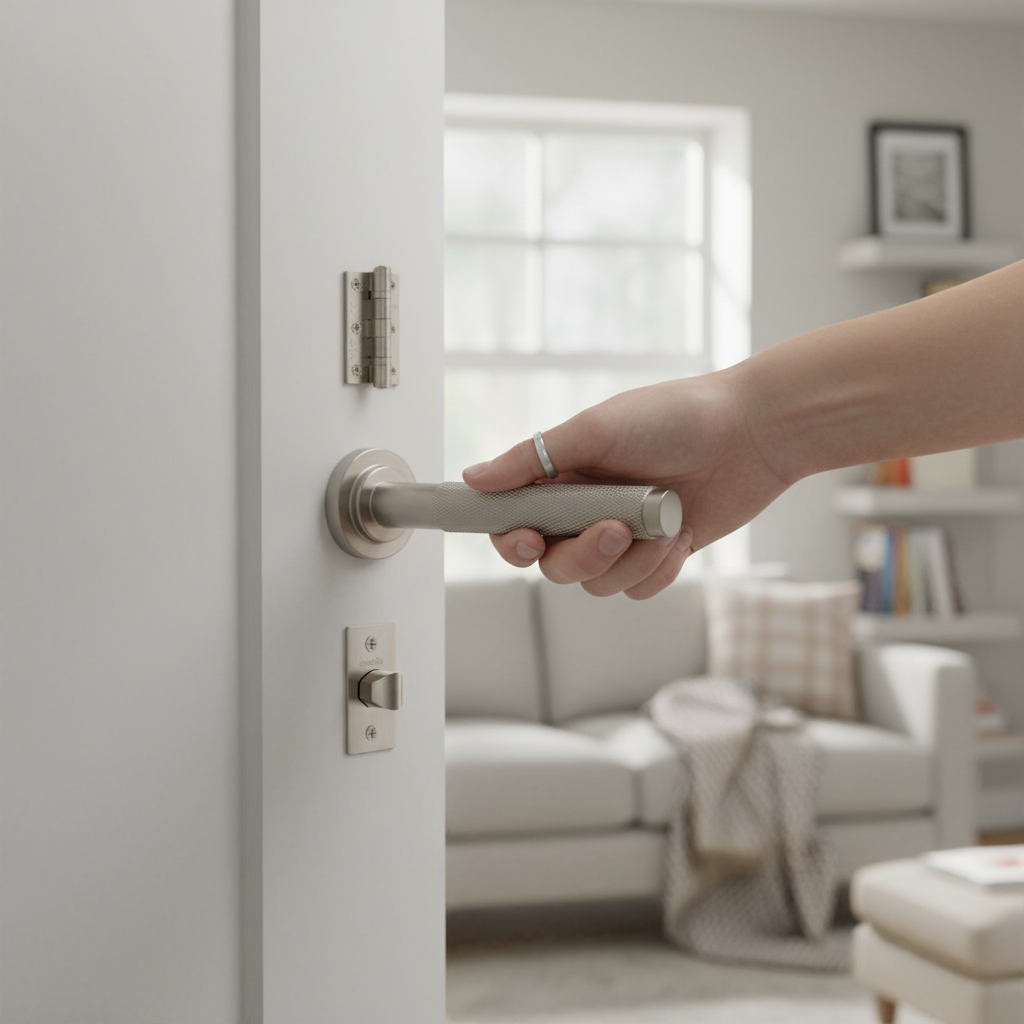 Premium Satin Nickel Door Handle Pack with Ribbed Lever Design and Stainless Steel Hinges for Modern Interiors