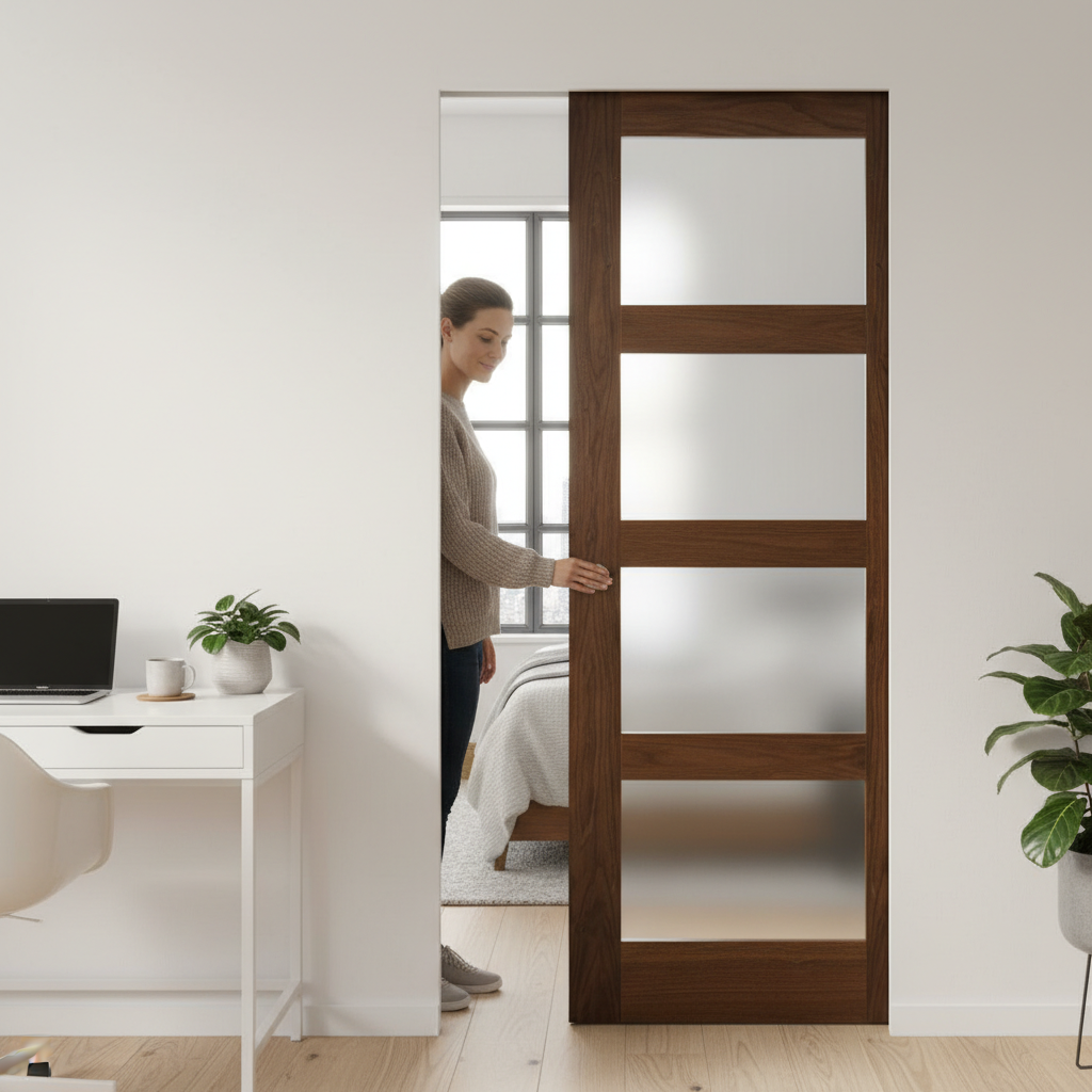 Premium Obscure Glazed Walnut 4L Shaker Flush Pocket Door Set - Space-Saving Design with No Bottom Track