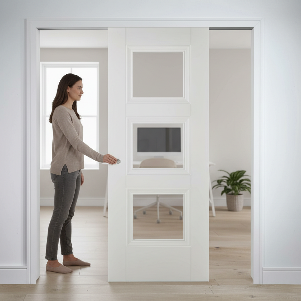 Premium Telescopic Pocket Door System with White Glazed Panels and Comprehensive Timber Lining Kit