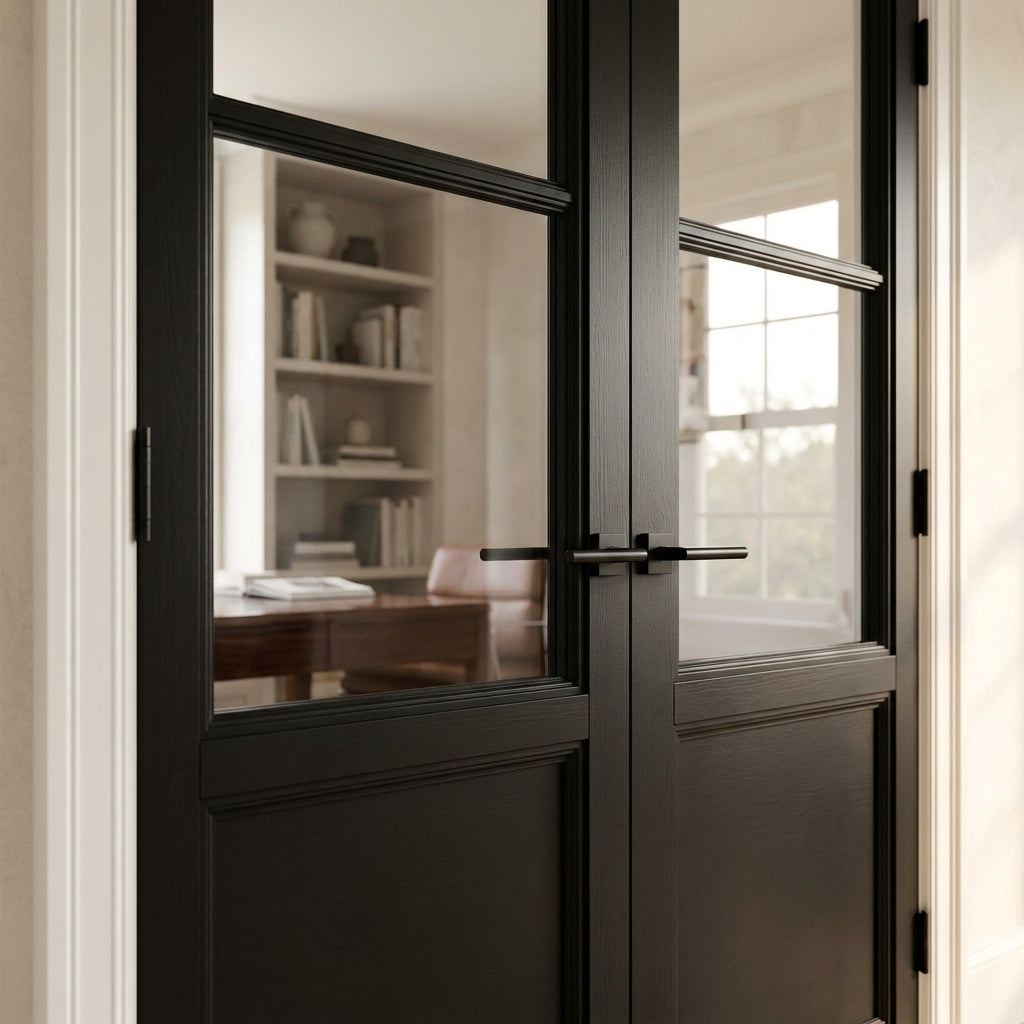 Internal French Door, Jet Black, Fully Finished, 1 Panel, 2 Light Clear Glass - detail view