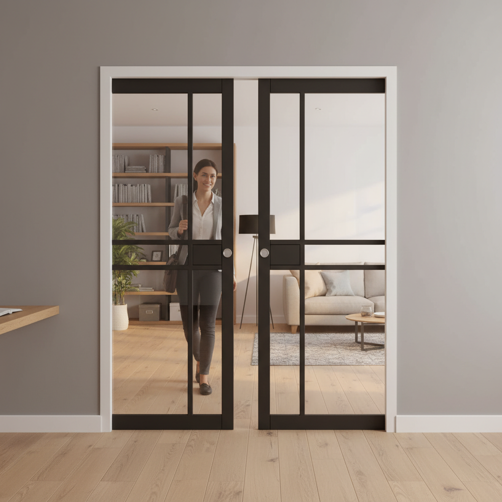 Premium Clear Glazed Double Pocket Door Set with Galvanized Frame and Adjustable Features for Modern Interiors