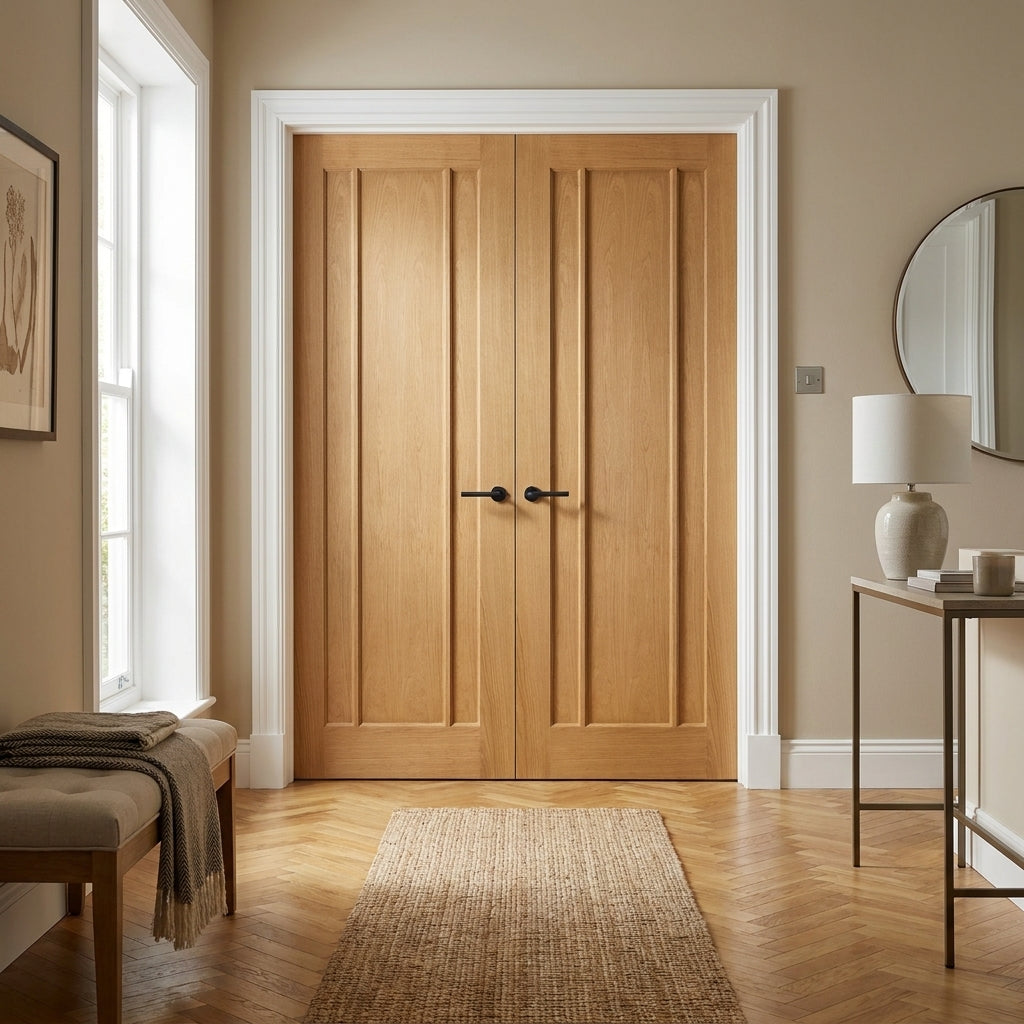 Internal Oak Pair Door, Unfinished, 3 Panel Design, Solid Core