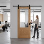 Premium Fully Finished Oak Sliding Door with Obscure Lined Clear Glass - Modern Black Steel Track for Smooth Operation - Image 2
