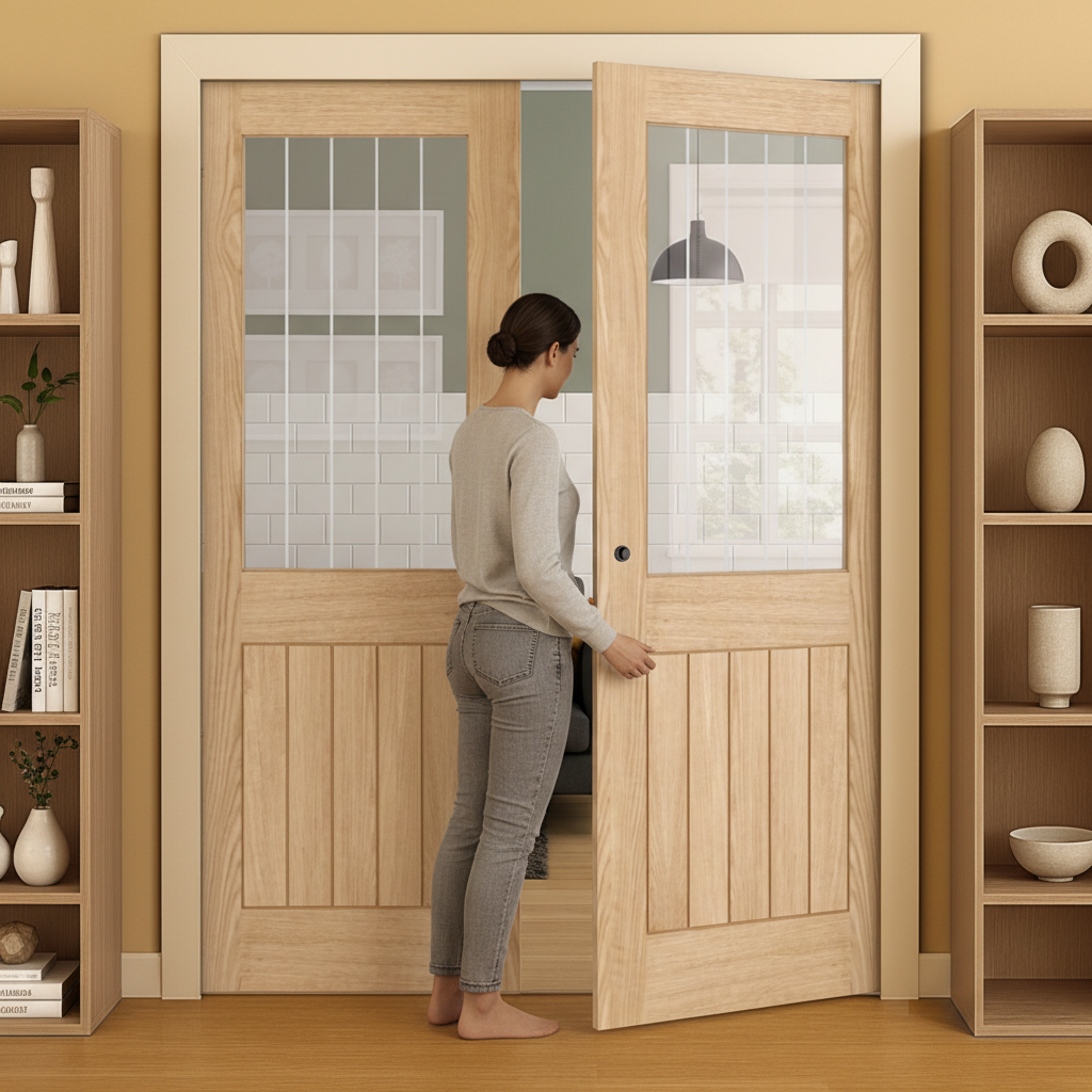 Premium Engineered Double Pocket Door Set with Silkscreen Glazed Finish and Galvanised Steel Frame for Easy Installation