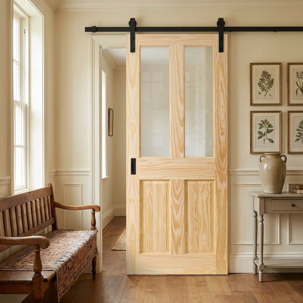 Internal Sliding Door Pine Unfinished 2 Panel 2 Light Clear Glass