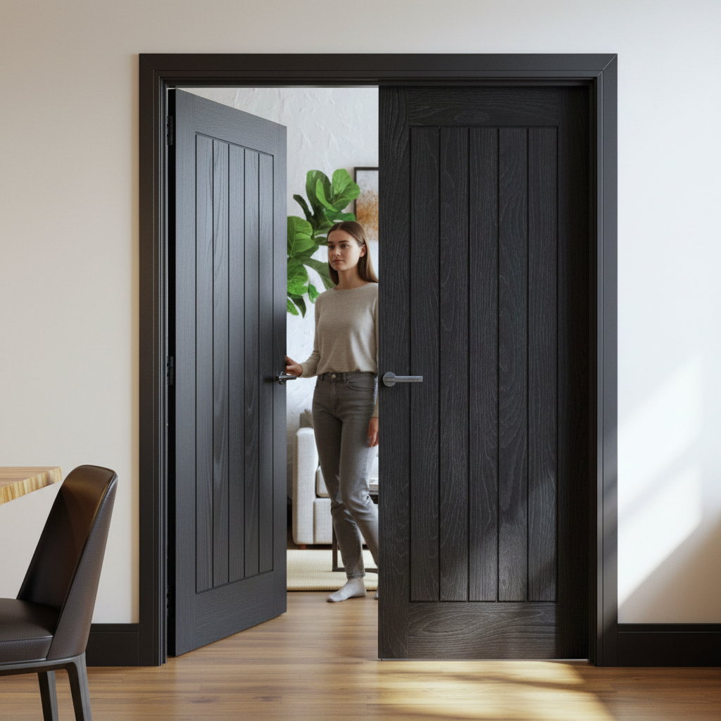 Premium Brushed Black Oak Internal Door Pair with Vertical Grooves and Solid Core for Strength and Stability