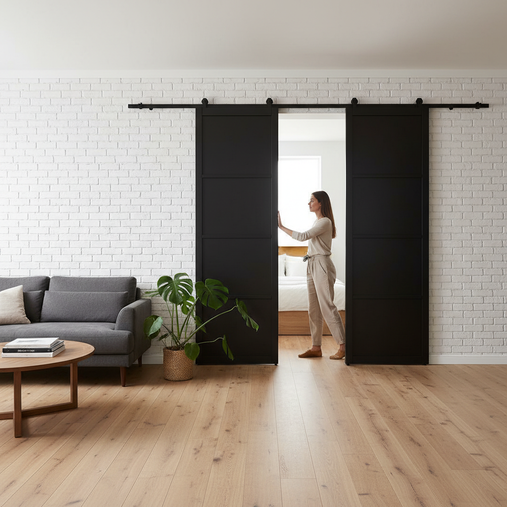 Premium Double Sliding Doors with Top Mount Track System, Available in Matt Black or Stainless Steel, Soft Close Option and Flush Pulls