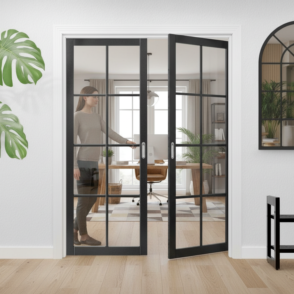 Premium Industrial Studio 8 Light Glazed Pair Door - Fully Finished Black with Contemporary Design - Image 2