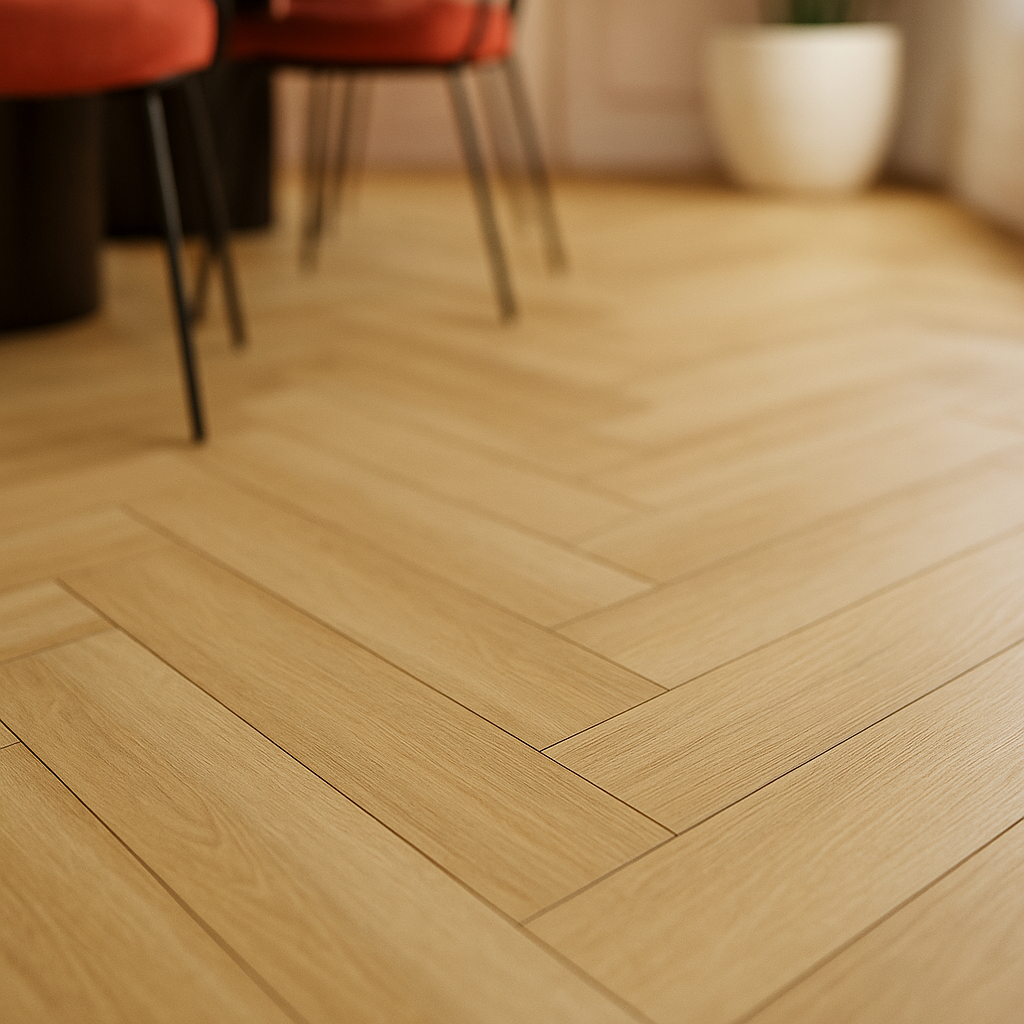 Herringbone LVT Flooring in Vancouver Oak - 5mm Anti-Microbial Rigid Core - detail view
