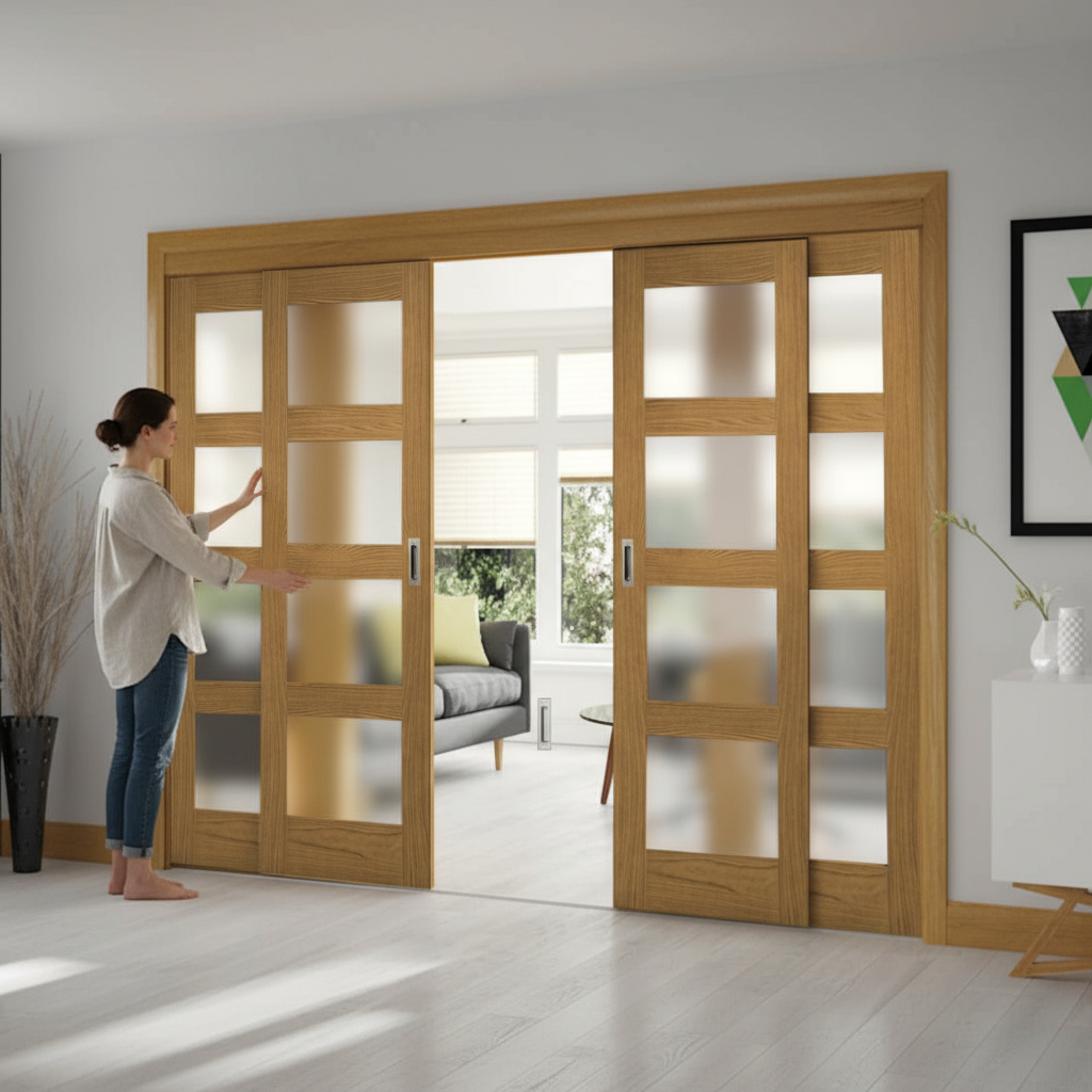 Premium Sliding French Doors with Obscure Glazed Design and Fixed End Panels for Space Saving Solutions