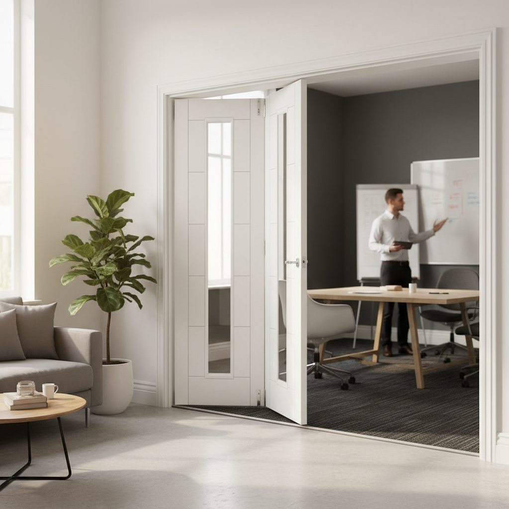 Premium White Clear Glazed Room Divider with Bi-Folding Doors and Top Hung System for Versatile Space Management