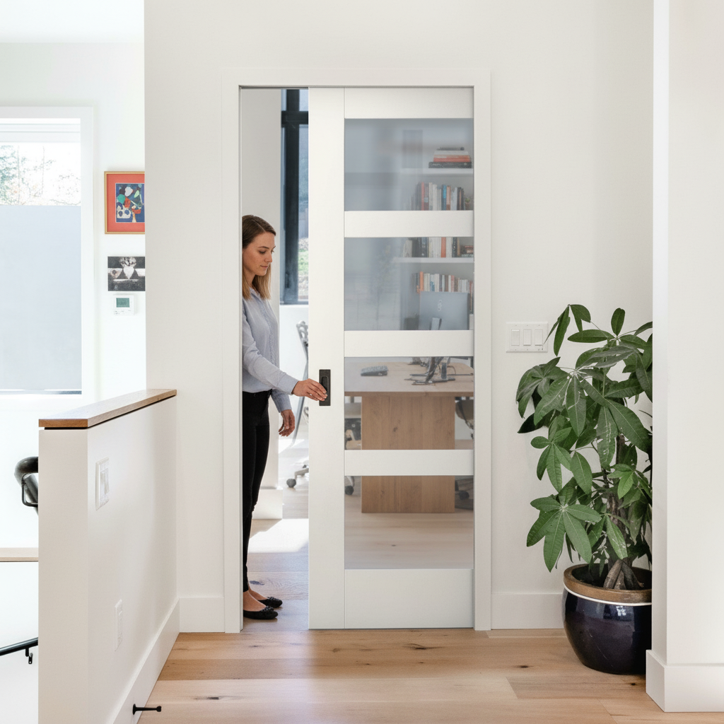Premium White Primed Internal Shaker 4 Light Obscure Glass Pocket Door Set for Stylish Privacy - Image 2