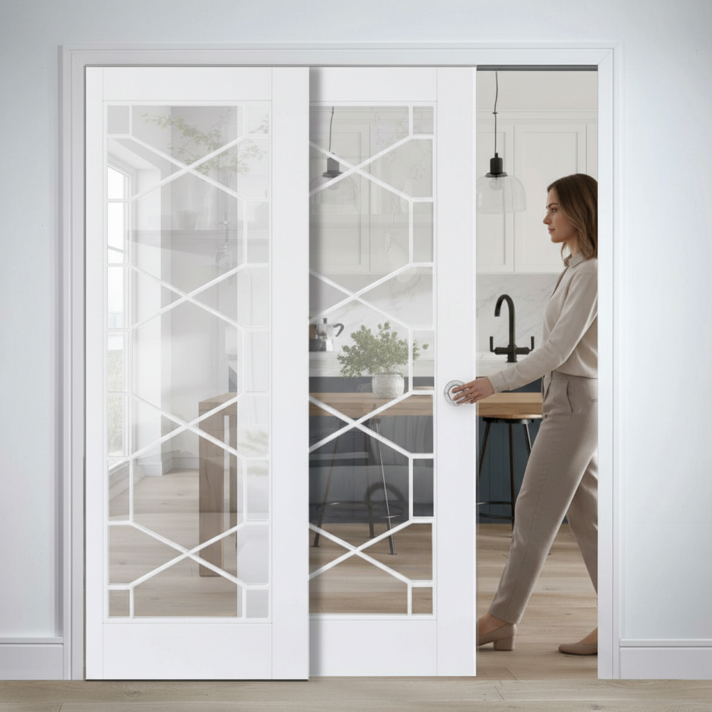Premium Telescopic Pocket Door System with Clear Glazing and Honeycomb Pattern for Natural Light and Elegant Design
