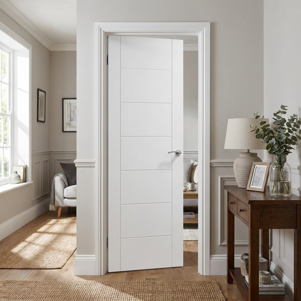 Internal White Primed Pedrena 7 Panel Door, Made-to-Measure, Semi-Solid Core