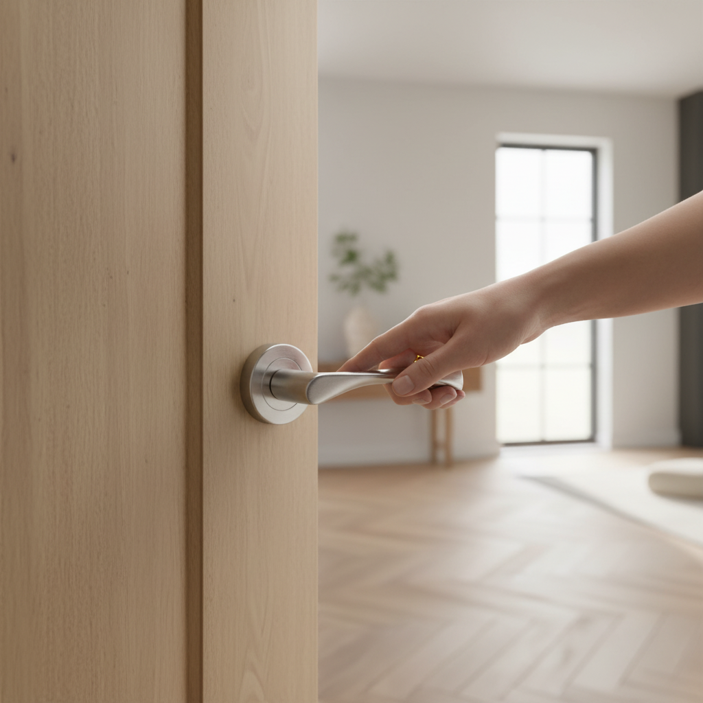Premium Round Rose Lever Door Handle Set with Satin Chrome Finish for Modern Homes and Offices - Image 2