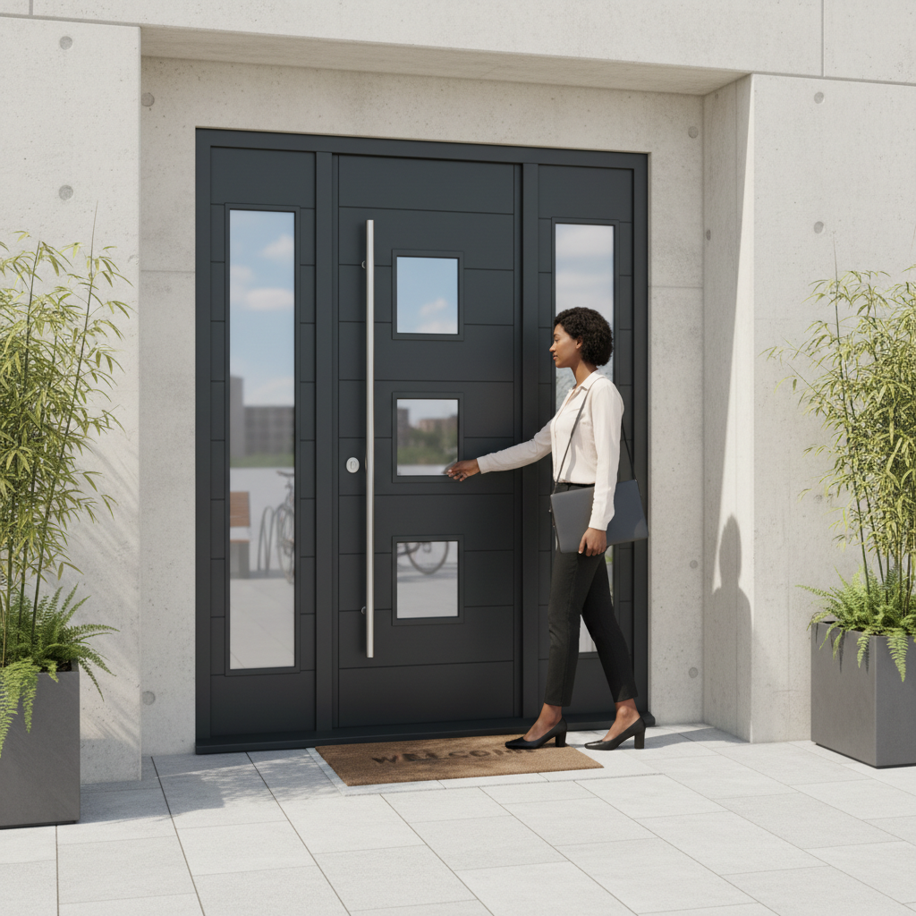 Premium Grey External Door Set with Double Sidelight and Slim Pull Bar Handle for Grand Entrances