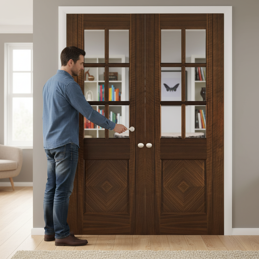 Premium Walnut Door Pair with Clear Bevelled Toughened Glass and Diamond Veneer Inlays