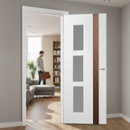 Premium White Glazed Internal Door with Vertical Walnut Insert and Clear Safety Glass Panels for Contemporary Style