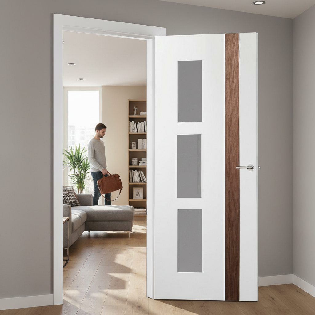 Premium White Glazed Internal Door with Vertical Walnut Insert and Clear Safety Glass Panels for Contemporary Style