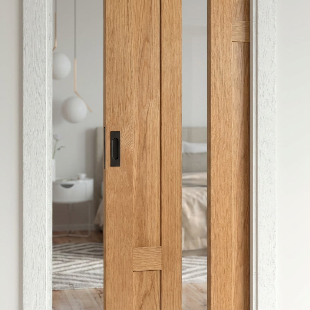 Internal Oak Pocket Door Set Fully Finished 4 Panel 1 Light Clear Glass - detail view