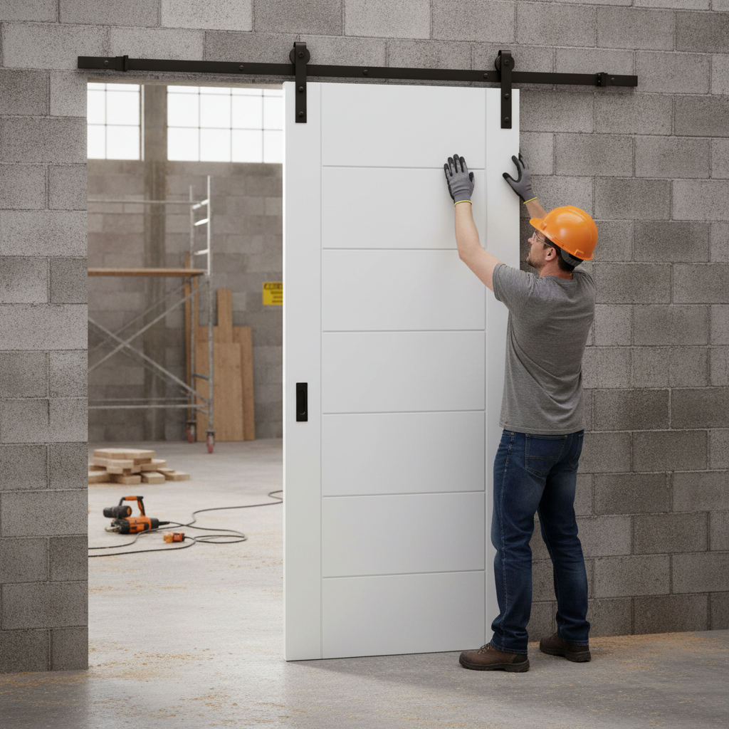 Premium Internal White Primed Shaker Four-Panel Sliding Door Set with Black Steel Track for Space-Saving Design