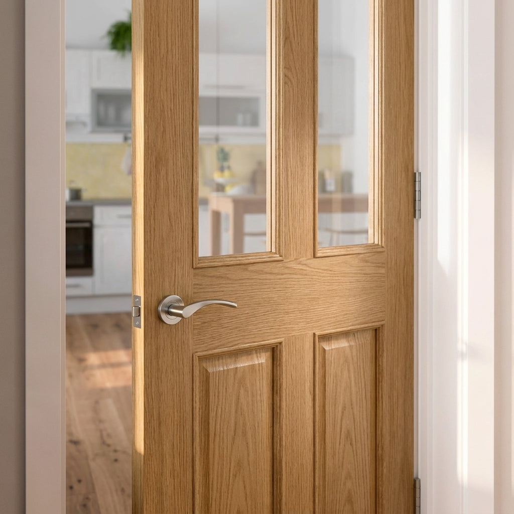 Unfinished Victorian Shaker 2 Panel Internal Oak Door with Clear Glass - detail view