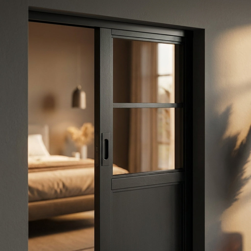 Internal Pocket Door Set 100mm Fully Finished Black 1 Panel 2 Light Clear Glass - detail view